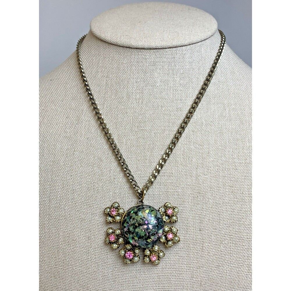 Vintage Confetti Lucite Cabochon Rhinestone Floral Statement Pendant Necklace